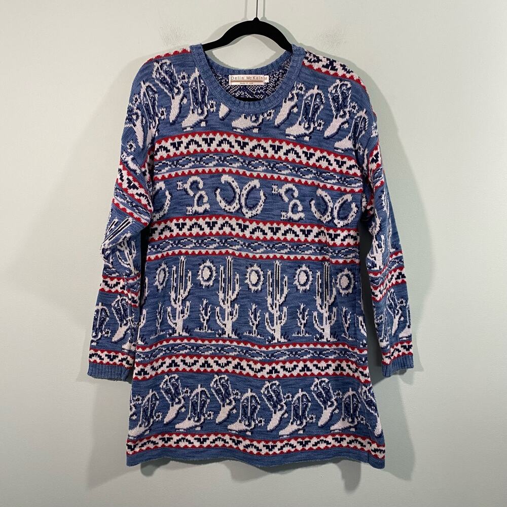 Vintage Delia McKain Western Cowboy Theme Pullover Sweater Size M Made in USA